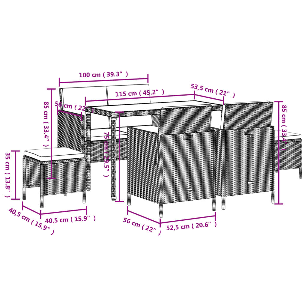 6-Tlg. Garten-Essgruppe Mit Kissen Poly Rattan