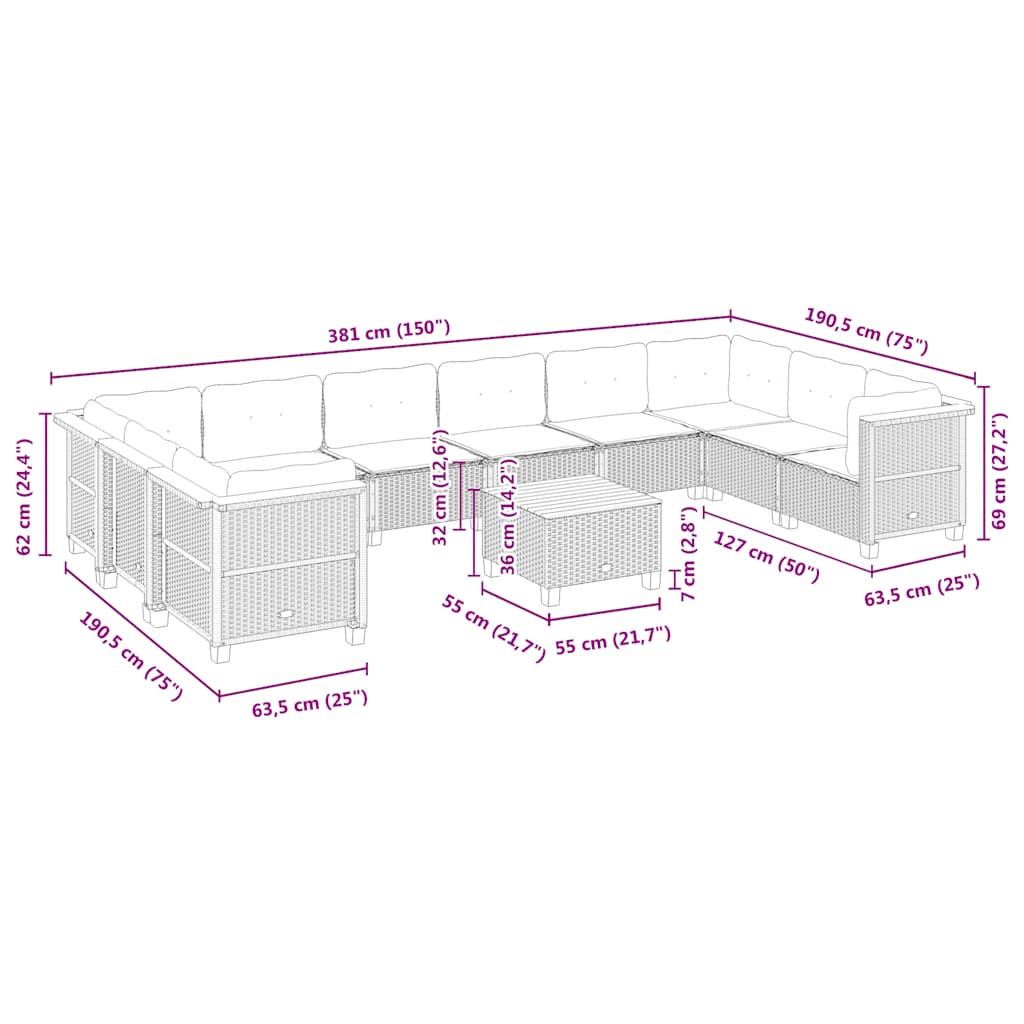 11-Tlg. Garten-Sofagarnitur Mit Kissen Poly Rattan Beige