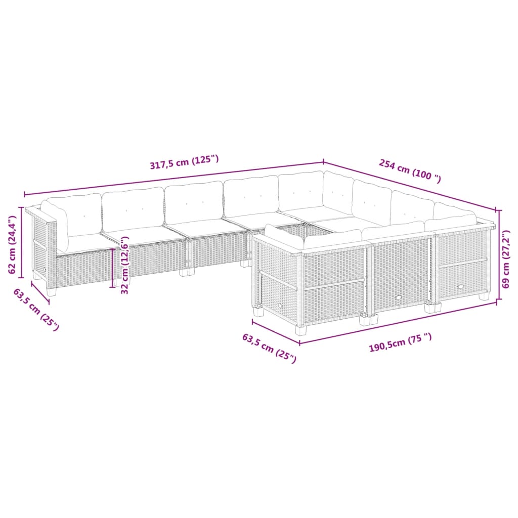 10-Tlg. Garten-Sofagarnitur Mit Kissen Poly Rattan Beige