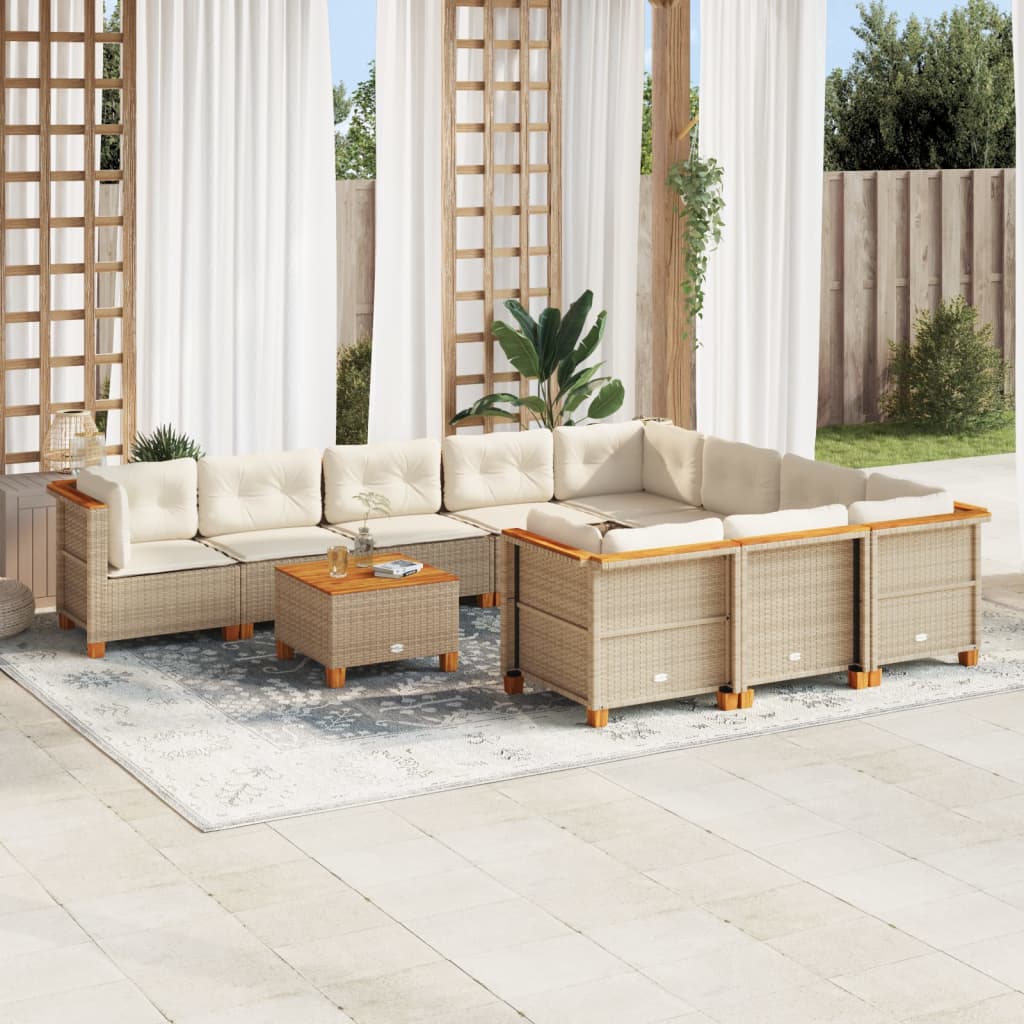 10-Tlg. Garten-Sofagarnitur Mit Kissen Poly Rattan Beige